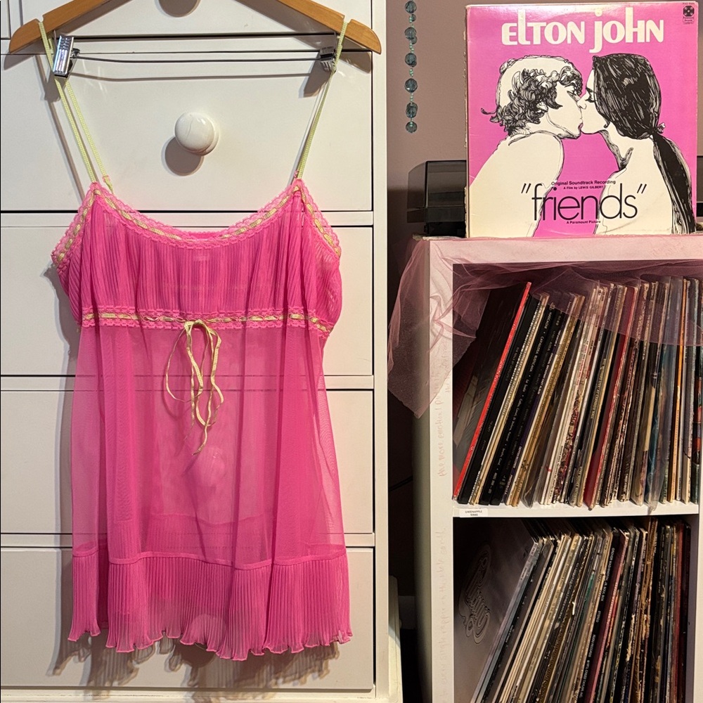Vintage y2k Victoria Secret Large Pink Green Sheer Milkmaid Babydoll Slip Dress